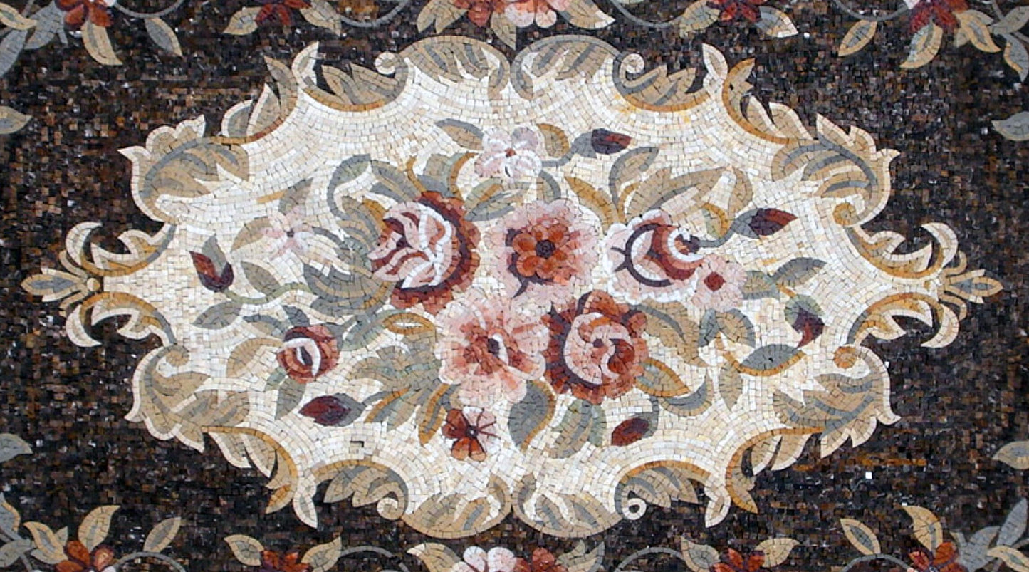 Floral Marble Mosaic Rug: Handmade Stone Art (96” x 60")