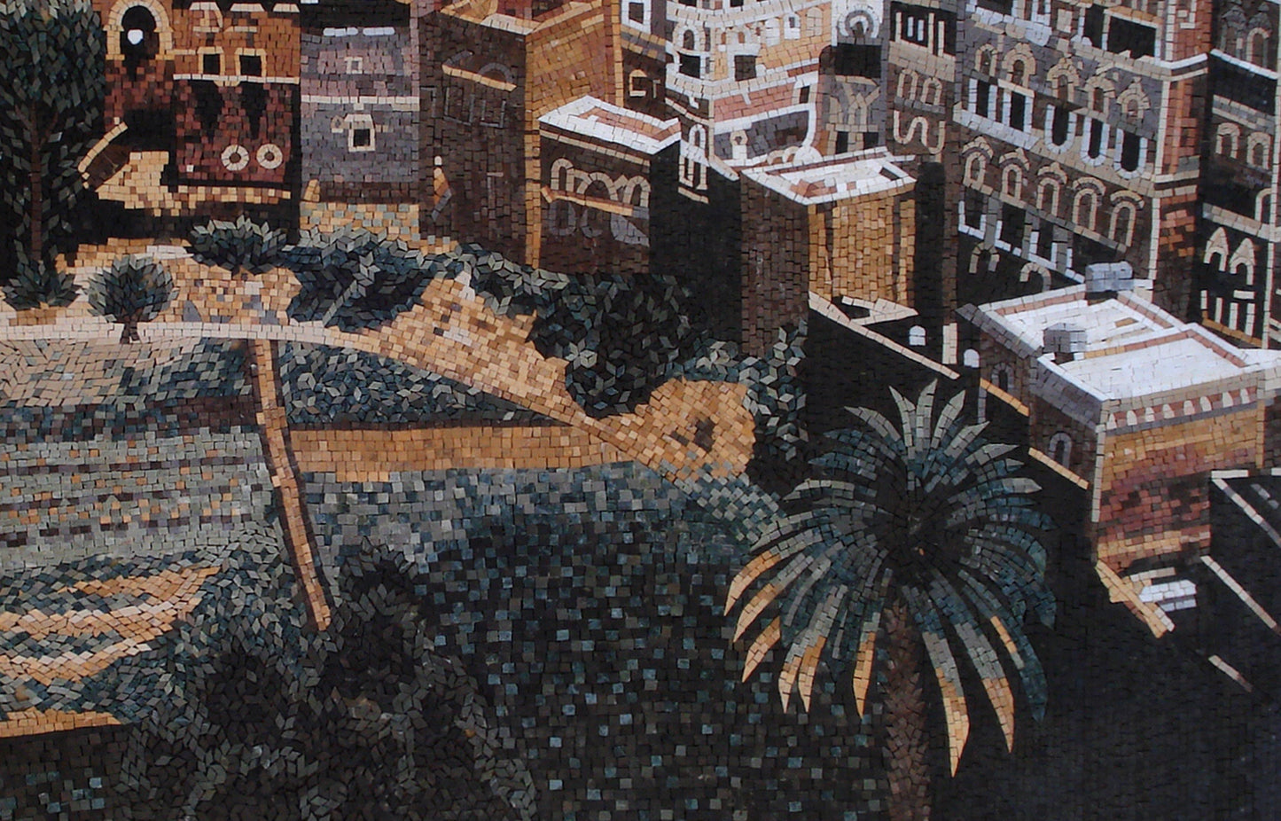 Handmade Yemen Mosaic Mural: Old City Traveler Artwork, Marble & Stone