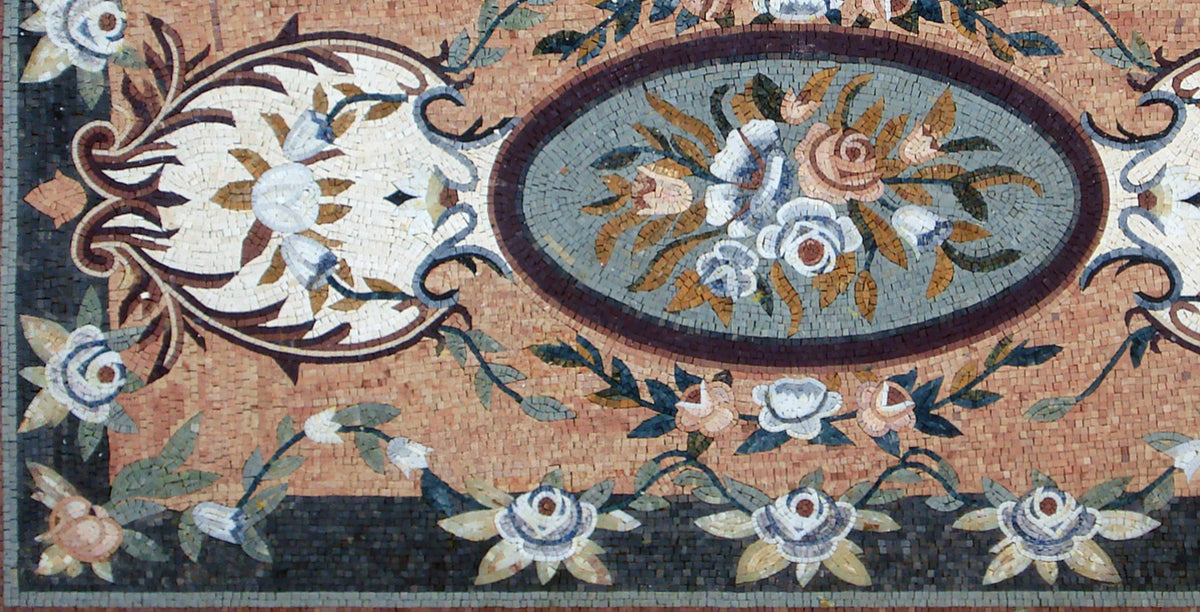 Handmade Marble Stone Mosaic Rug: Floral Medallion, 92"x48"