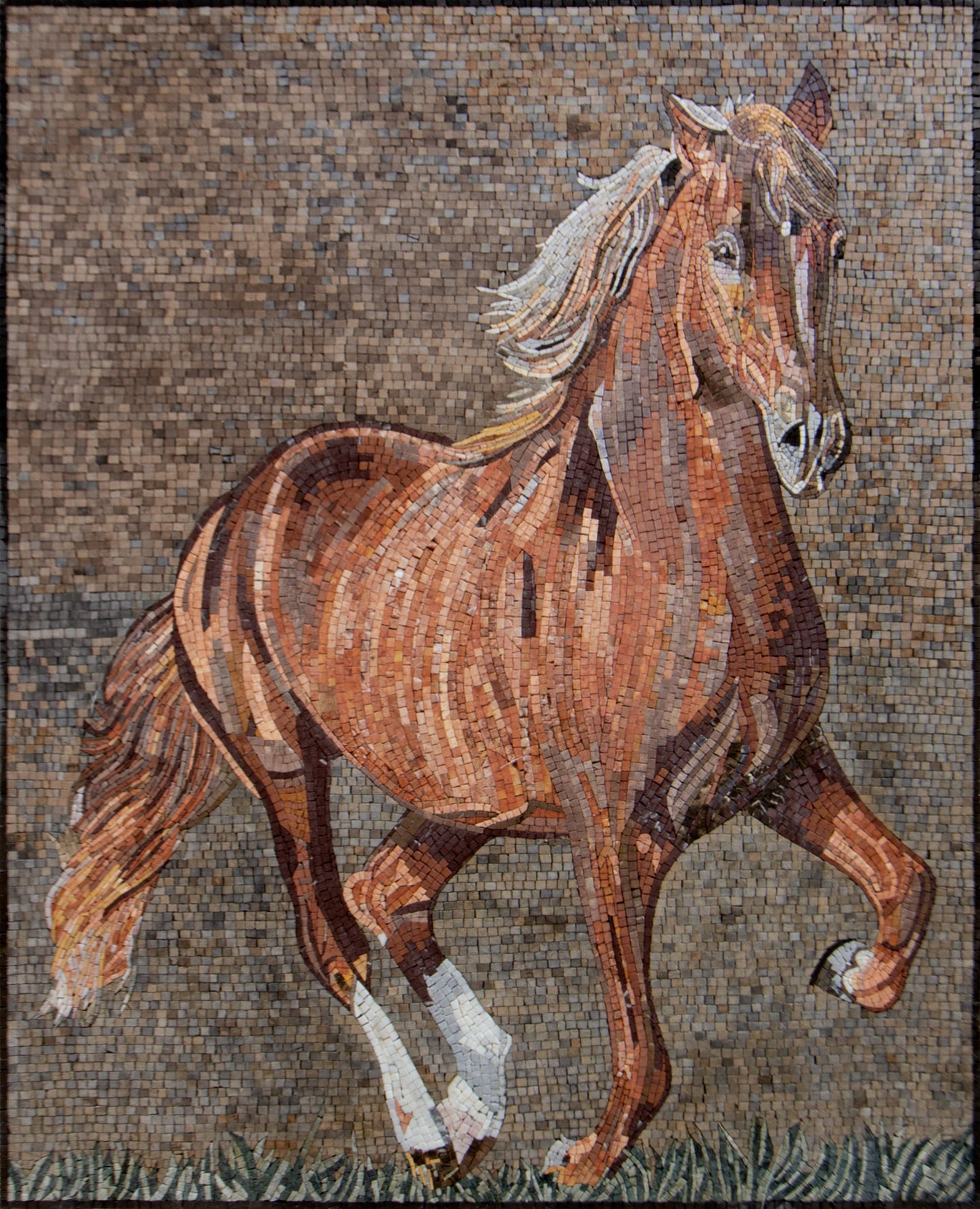 Handmade Marble Horse Mosaic Mural: Animal Portrait Wall Art (44” x 34”)