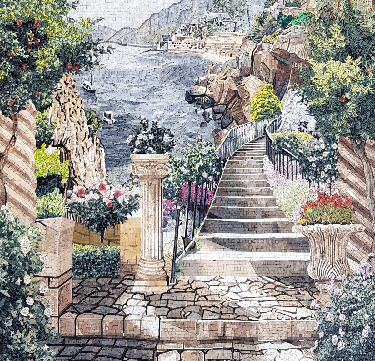 Handmade Marble Mosaic: Terraces and Seascape View Wall Art