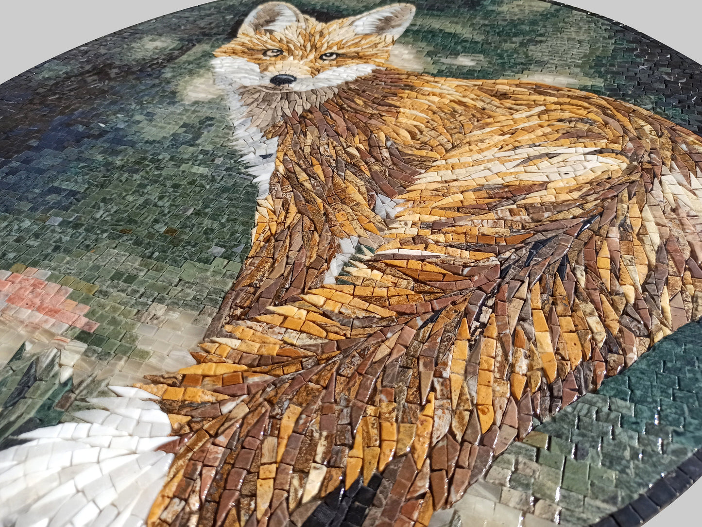 Handmade Fox Mosaic Tile Art: Round Marble Medallion (32" Diameter)