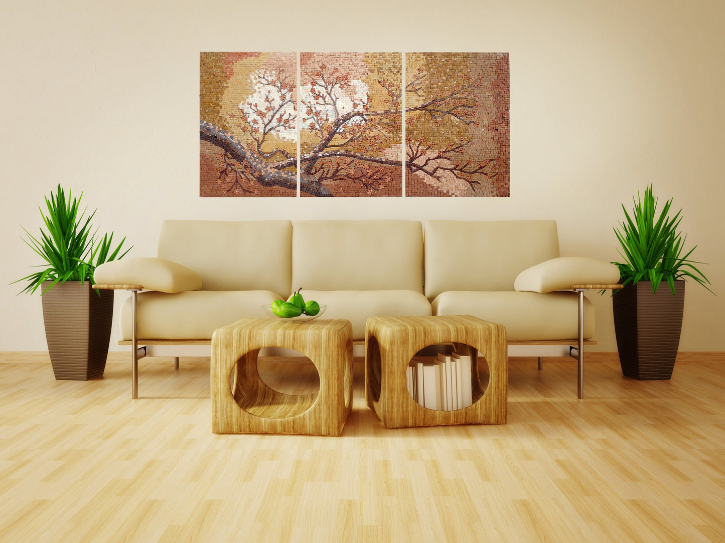 Handmade Autumn Tree Mosaic Mural: Stone & Marble Wall Art (60” x 32”)