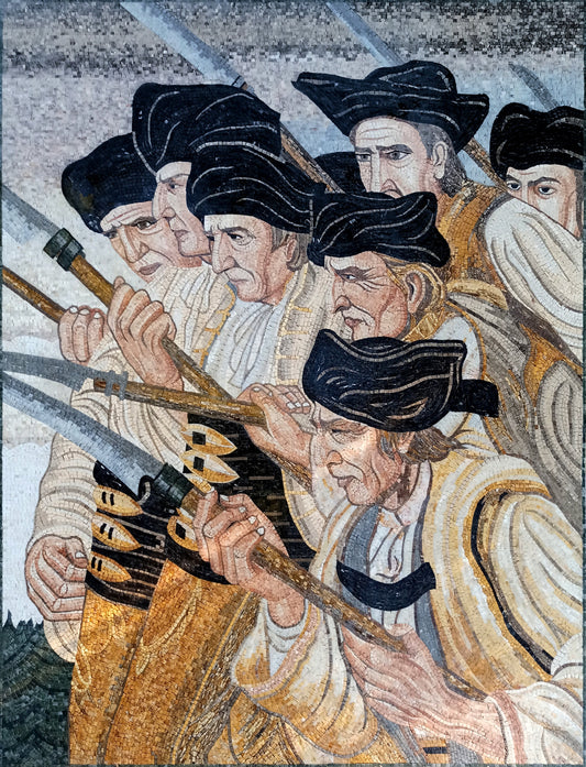Handmade Colonial War Soldiers Mosaic Tile Art: Italian Marble Backsplash