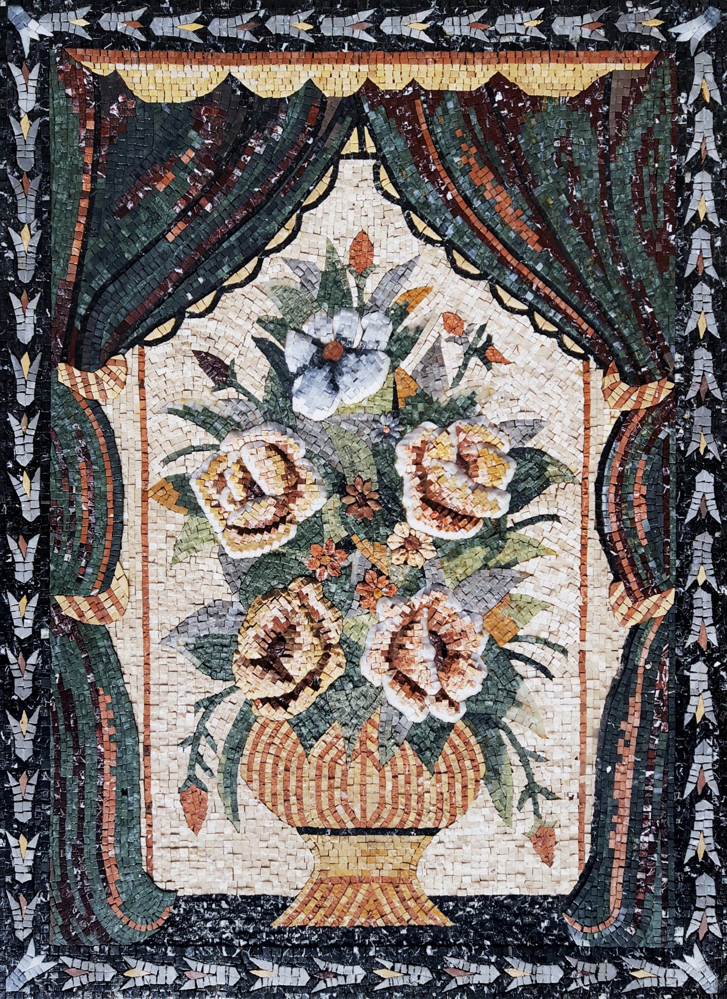 Handmade Flower Mosaic Art: Natural Stone Wall Decor (52” x 24”)