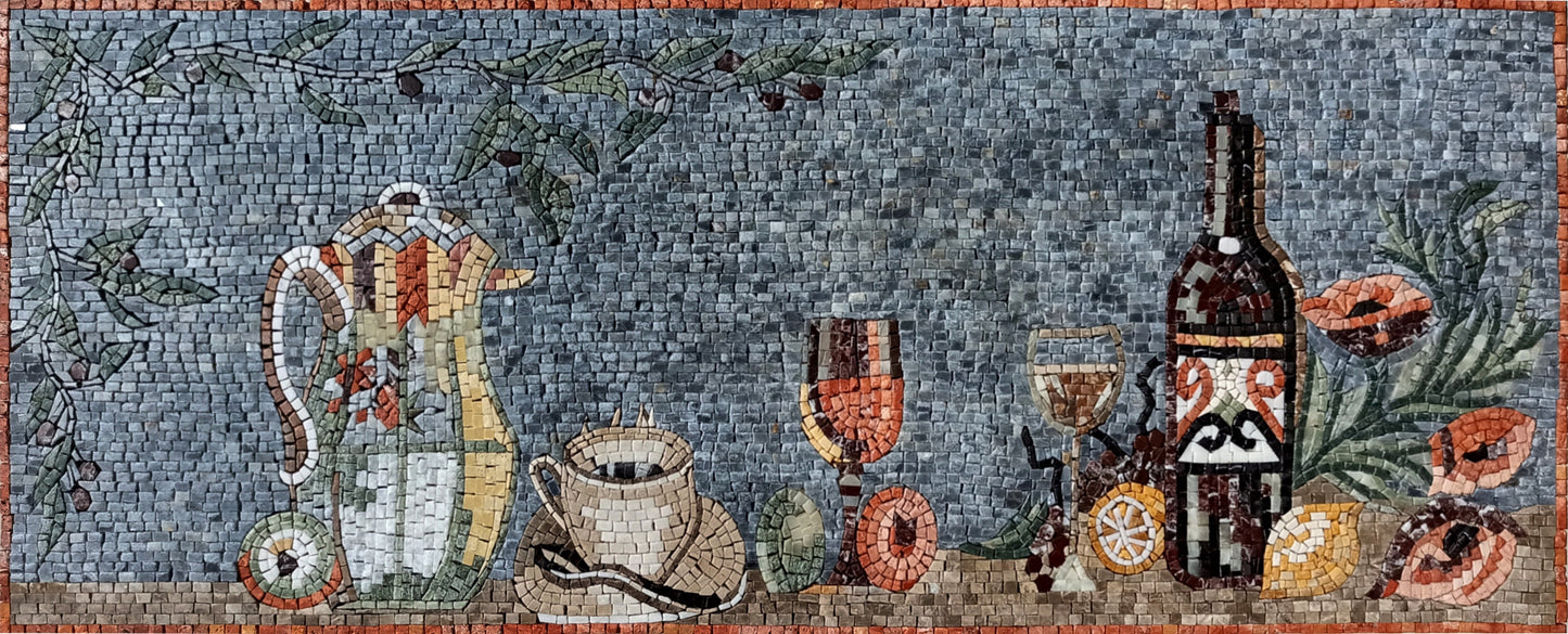 Handmade Marble Mosaic Kitchen Backsplash: Lemon, Wine & Floral Still Life