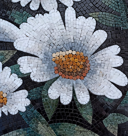Handmade Marble Mosaic: White Daisy Floral Wall Art (40"x20")