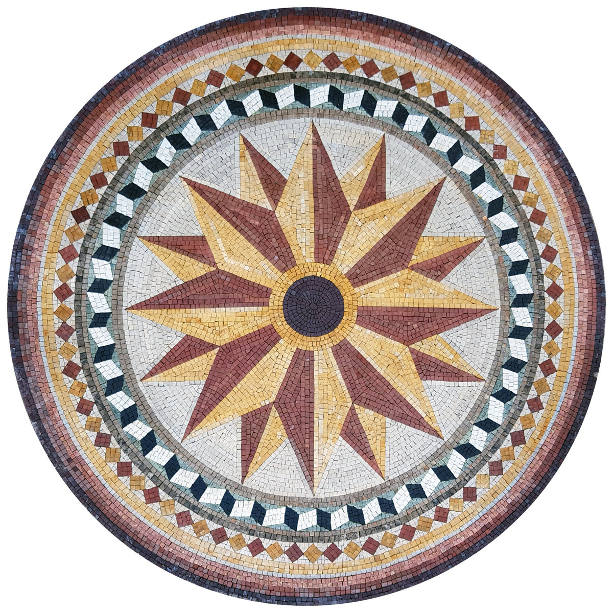 Nautical Compass Rose Mosaic Tile Art: Handmade Marble Medallion (32" Diameter)