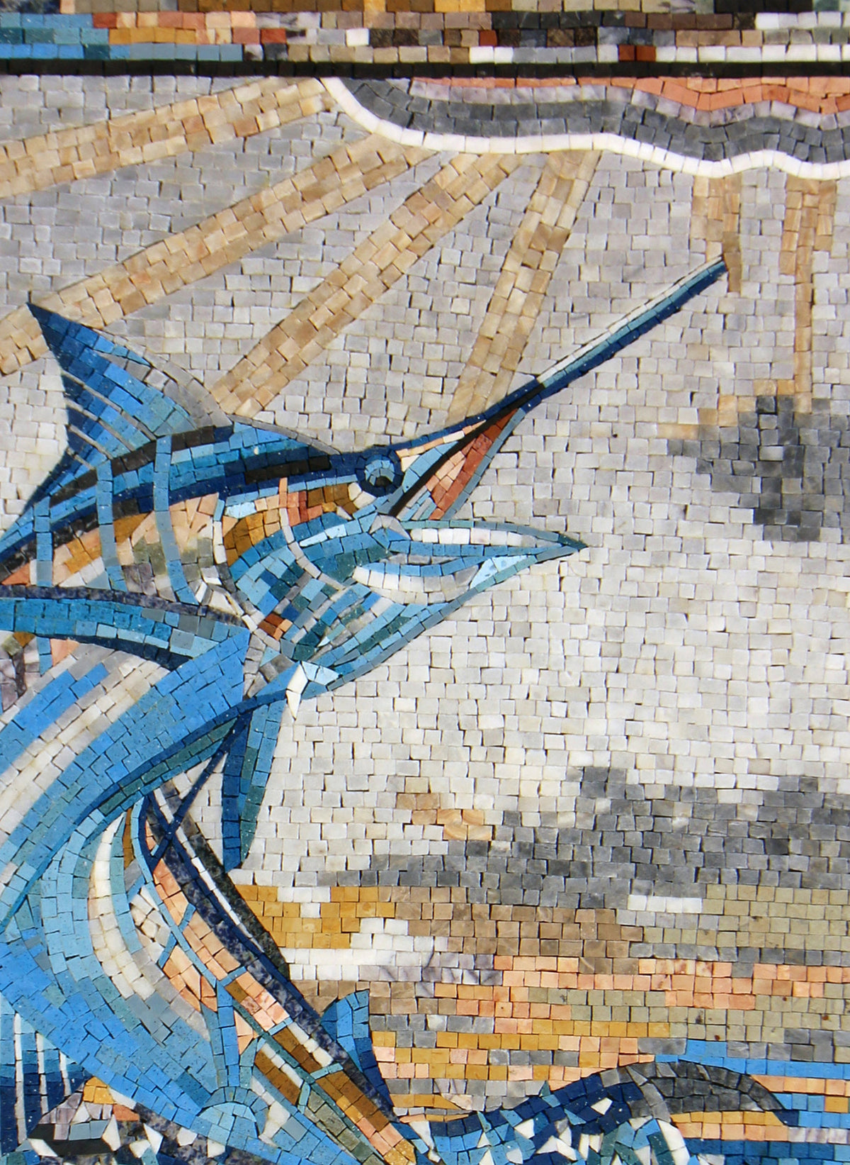 Handmade Swordfish Mosaic Mural: Leaping Marlin Marble Wall Art