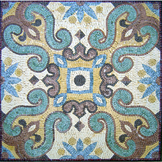 48" Handmade Floral Marble Mosaic Tile: Geometric Inlay
