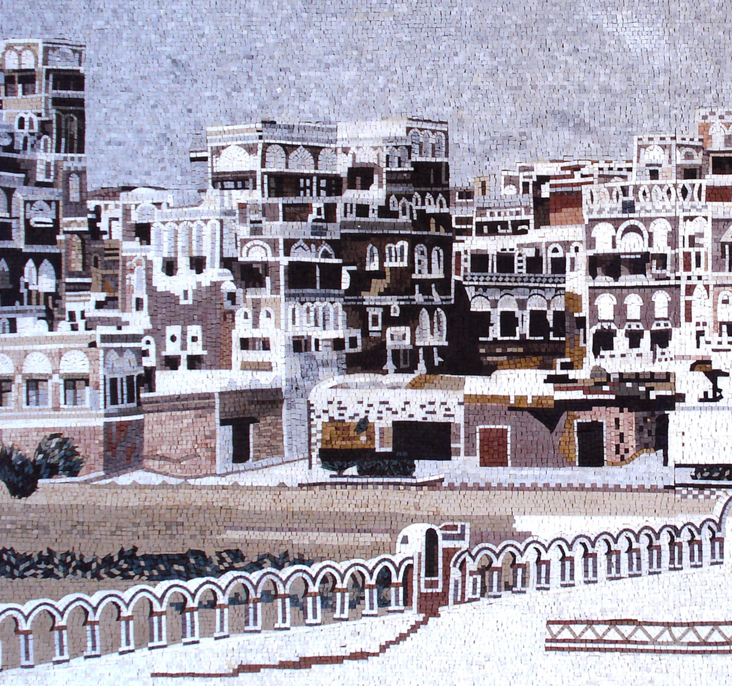 Handmade Yemen City Mosaic Mural: Stone & Marble Wall Art
