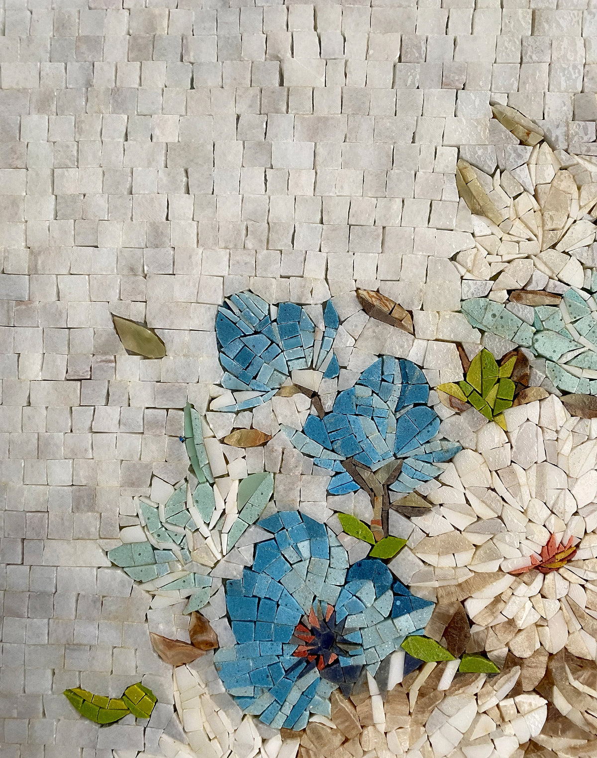 COLORFUL FLOWER ART - Overflowing Vase of Blue Anemones and White Chrysanthemum Mosaic Wall Art
