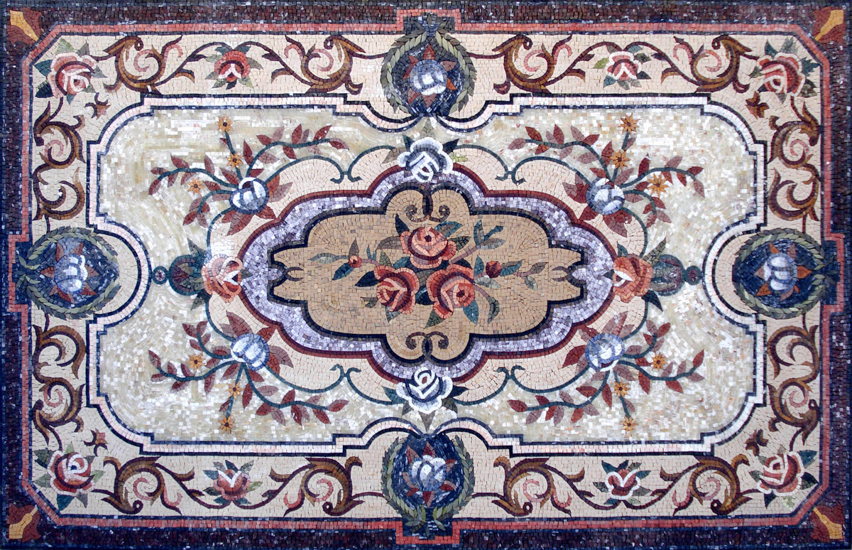 Handmade Marble Mosaic Rug: Floral Medallion Design (96” x 60")