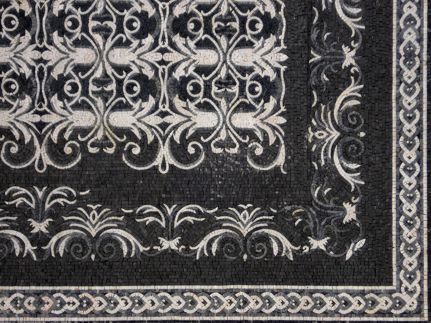 Handmade Marble Mosaic Rug: Black and White Floral Carpet (80” x 54")