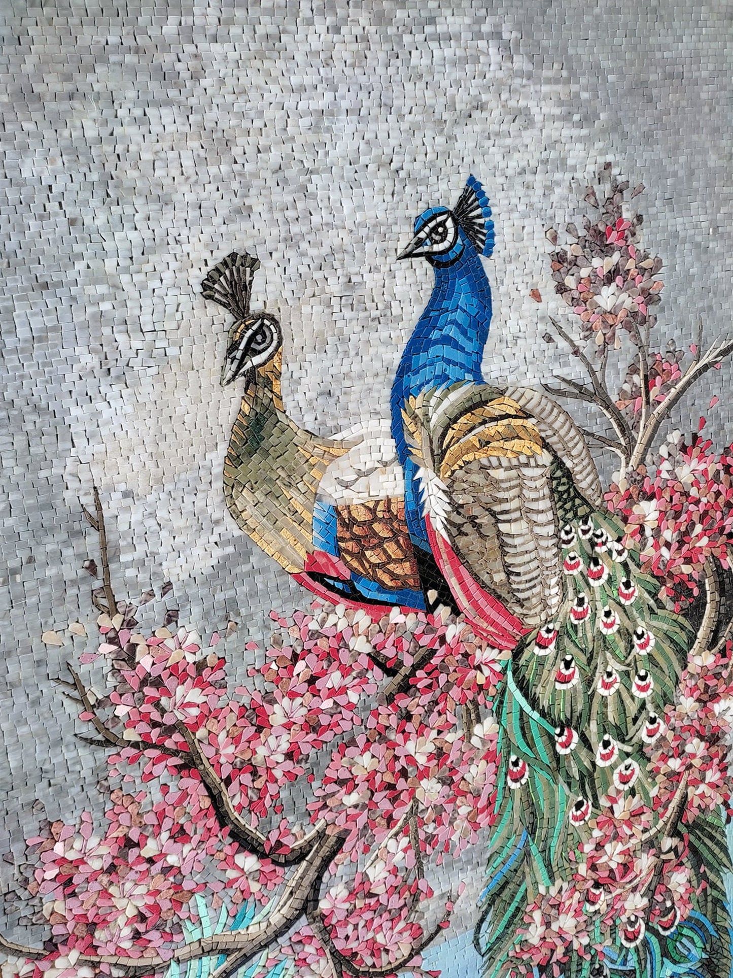 Handmade Peacock Mosaic Tile Art: Cherry Tree & Koi Pond (64” x 32”)