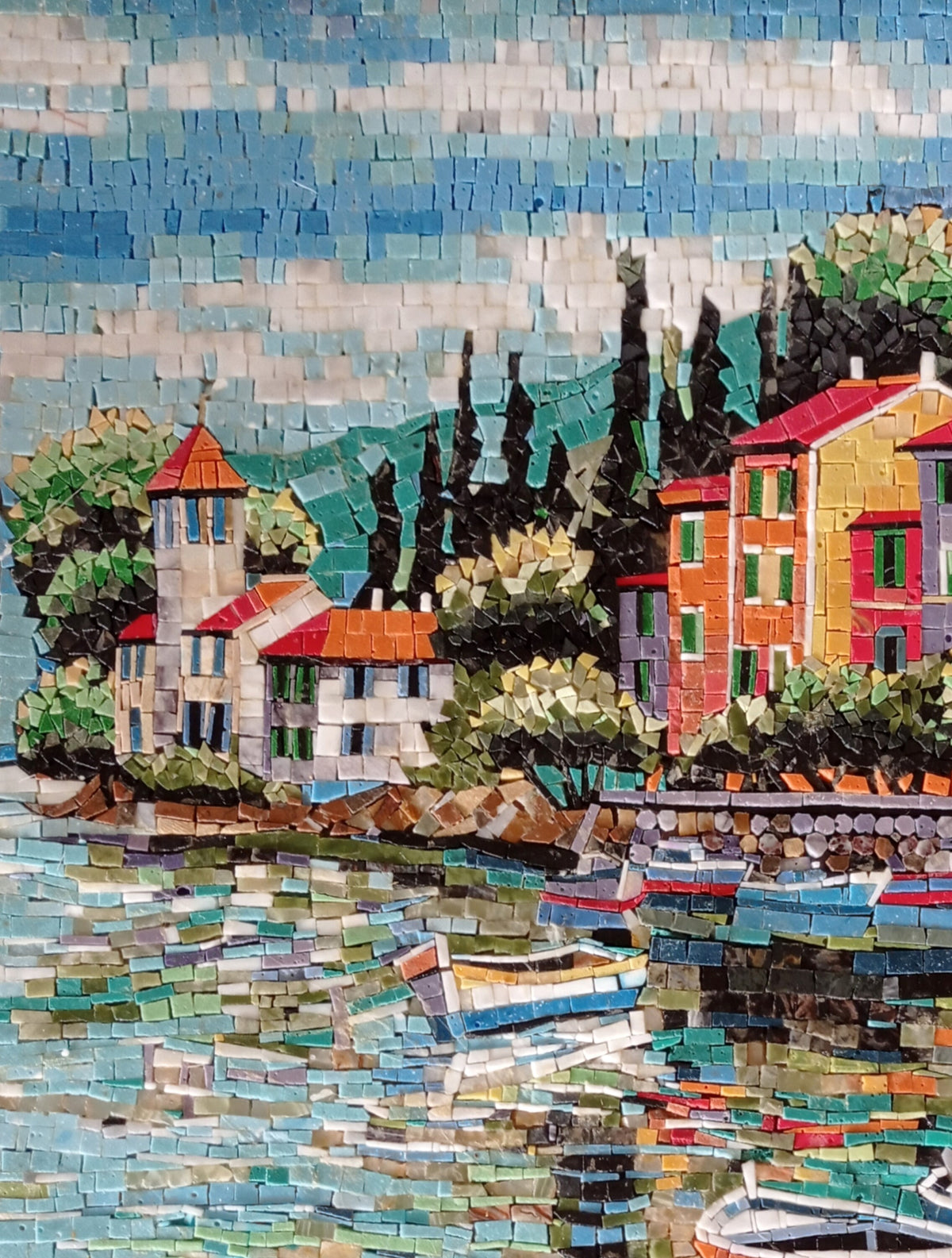 Seascape Mosaic Tile Art: Handmade Marble Boating Scene (40” x 30")