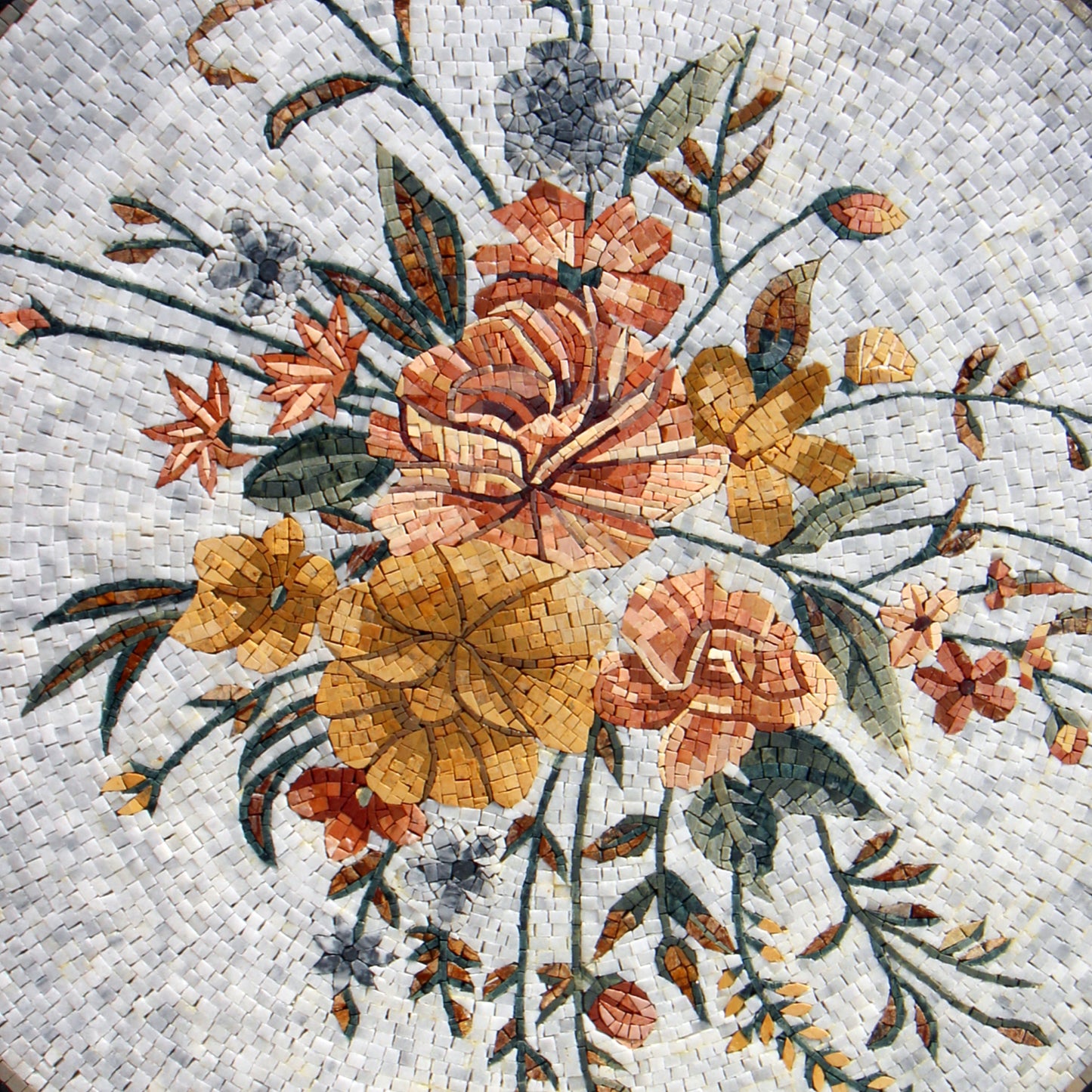 Peach and Goldenrod Blooms: Grey Background Mosaic Medallion with Floral Accents - Customization available