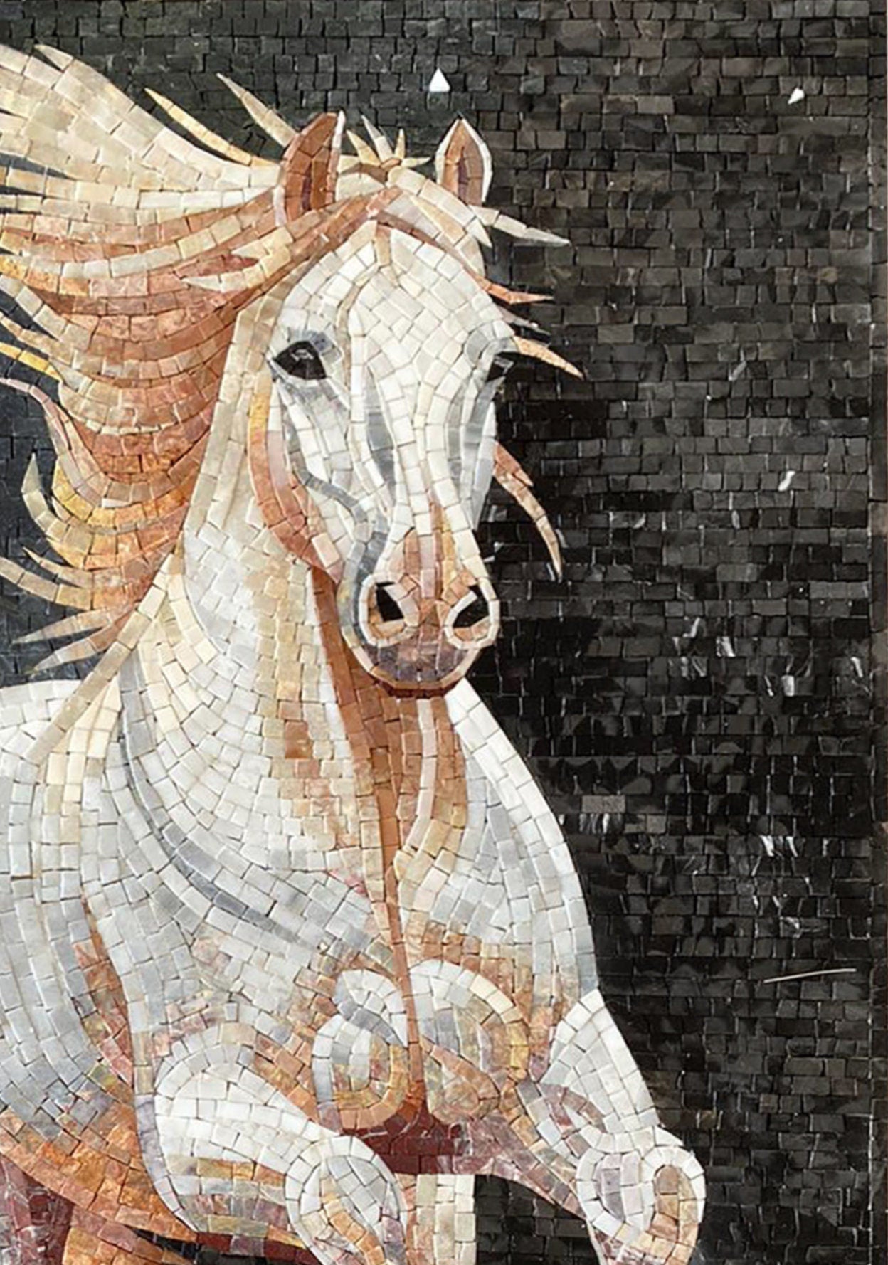 Handmade Marble Horse Mosaic Tile Art: Running Stallion Portrait