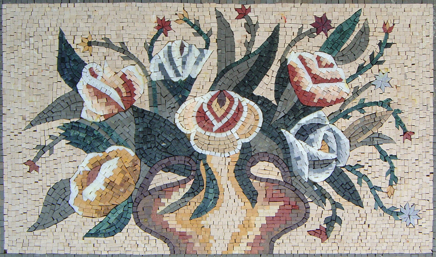 Handmade Marble Mosaic Tile Art: Colorful Flowers in Vase