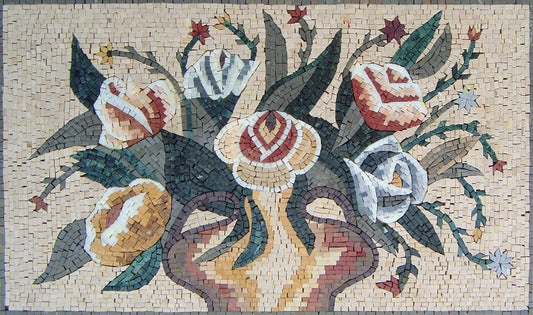 Handmade Marble Mosaic Tile Art: Colorful Flowers in Vase