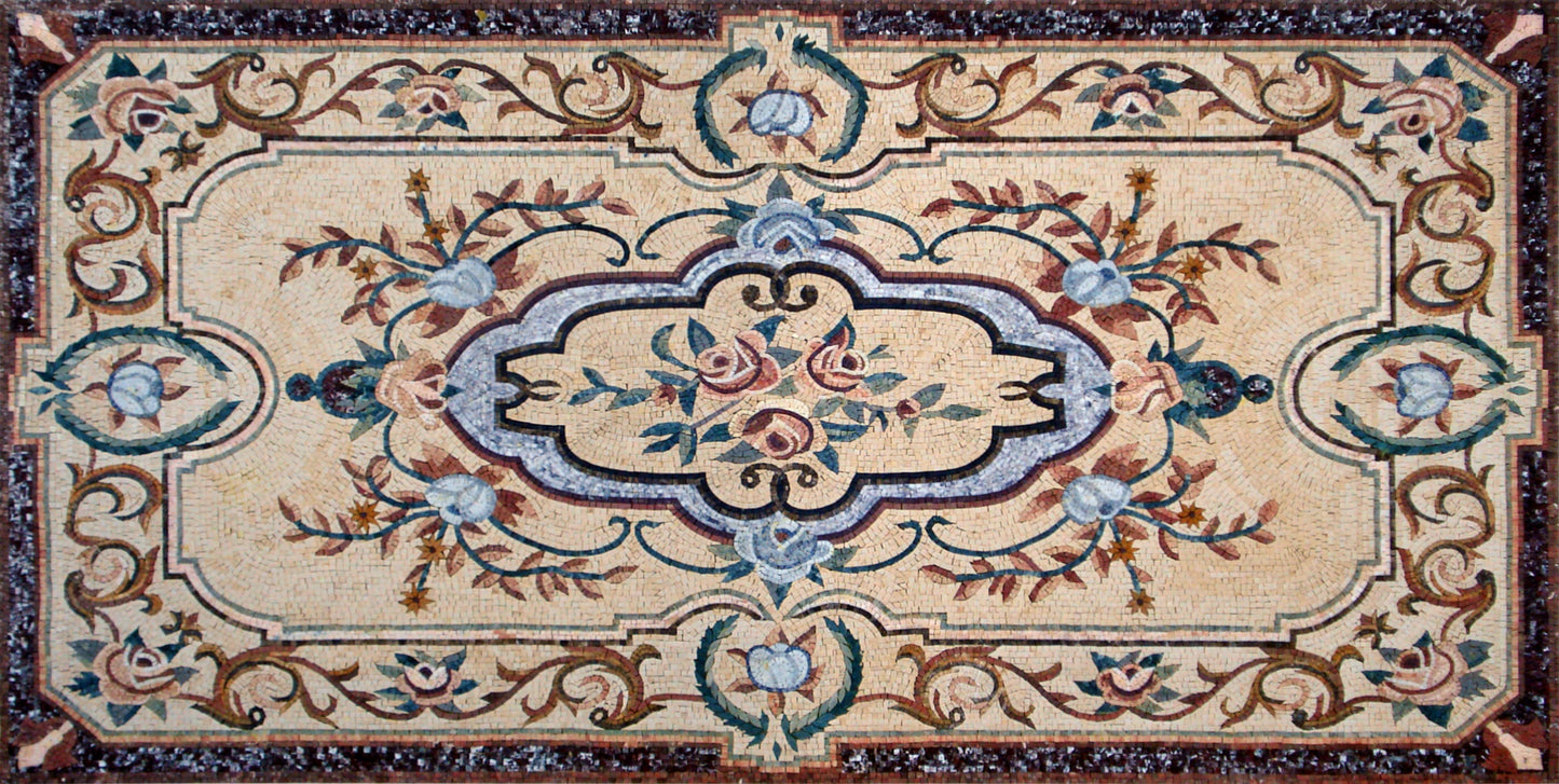 Floral Marble Mosaic Rug: Handmade Stone Carpet (108” x 54")