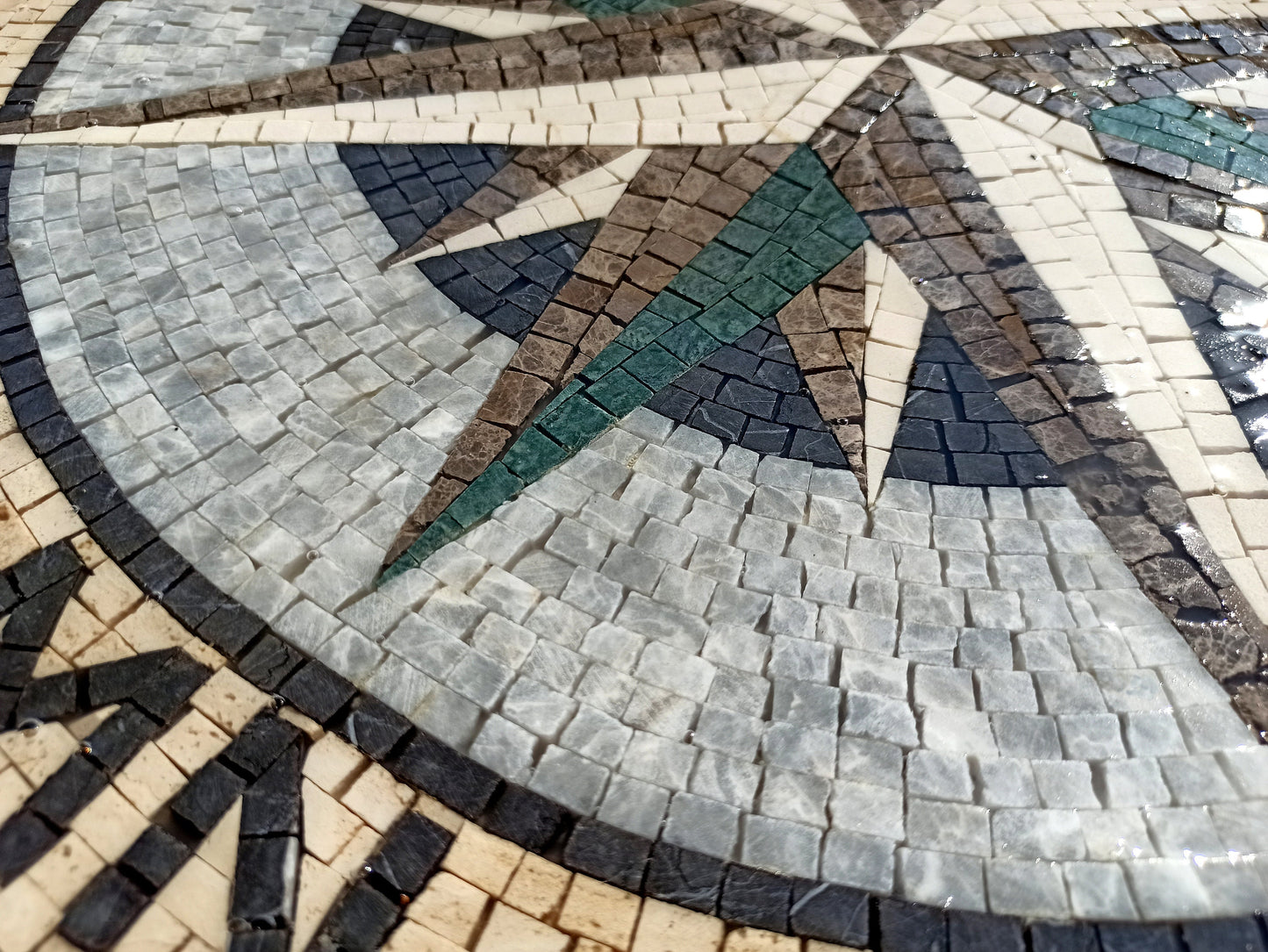 Handmade Nautical Compass Rose Mosaic Tile: Indoor/Outdoor Marble Backsplash (40”x 40")