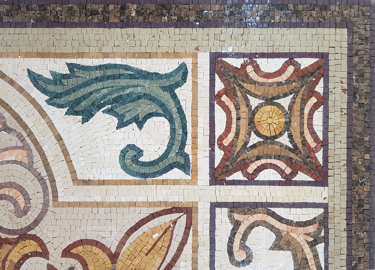 Floral Marble Mosaic Tile Rug: Handmade Art Nouveau Decor (72” x 48”)