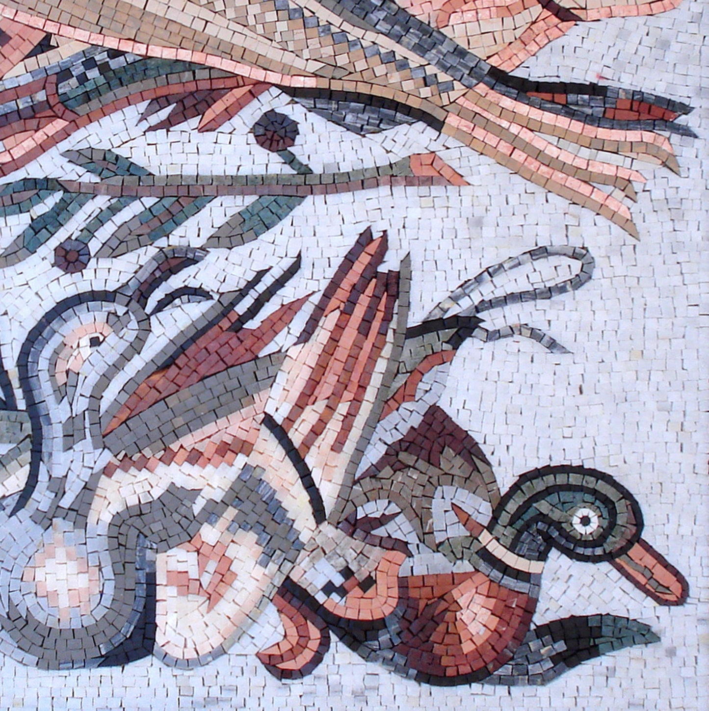 Duck & Fish Mosaic Tile Art: Handmade Marble Wall Decor (32" x 32")