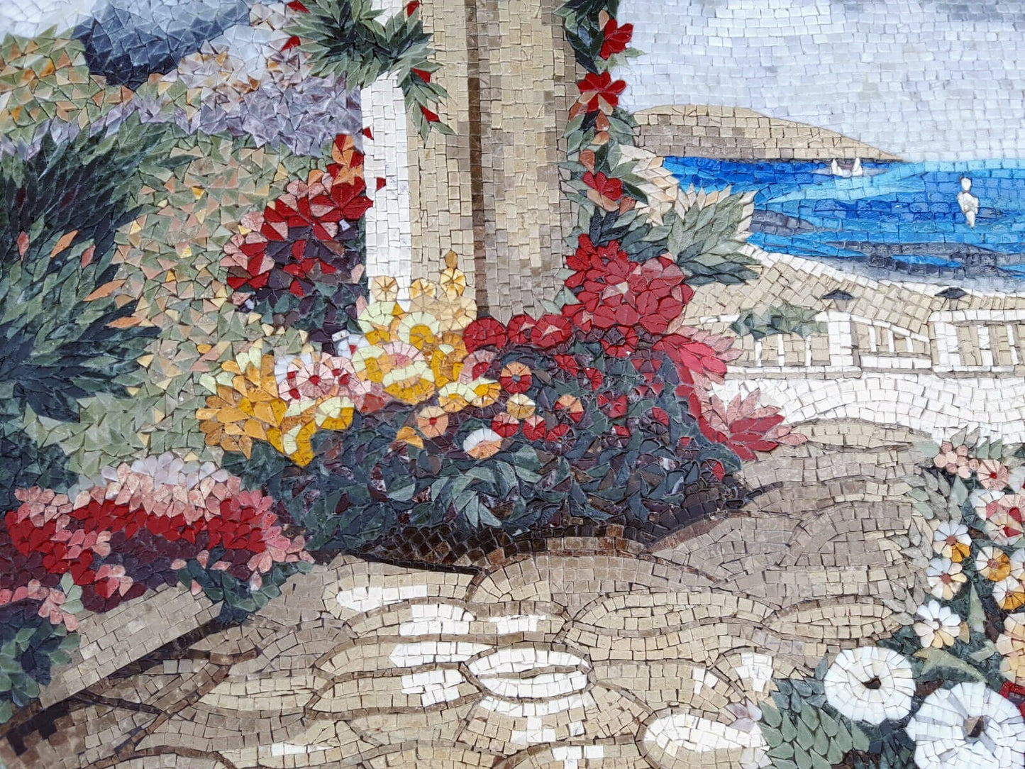 Tuscan Floral Mosaic Mural: Handmade Stone Tile Art (44” x 40")