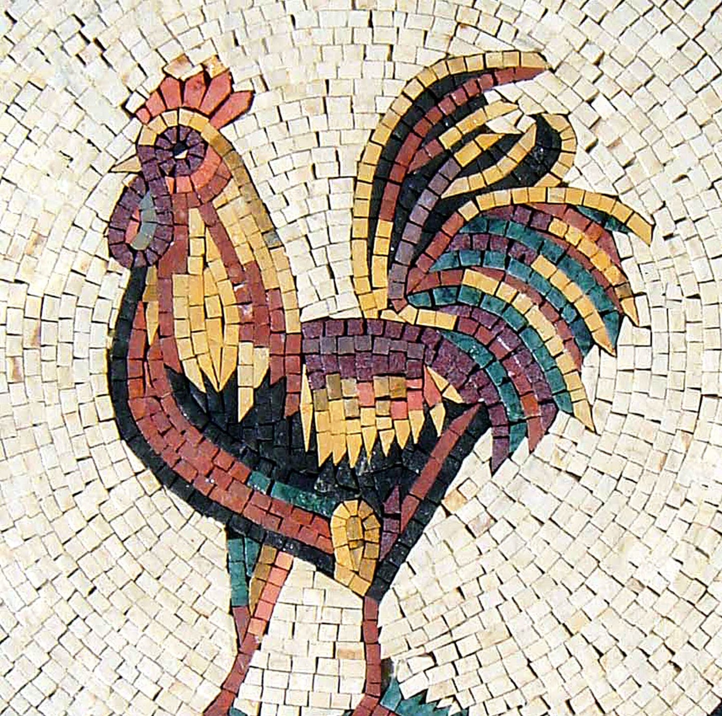 Handmade Rooster Mosaic Tile Art: Farmhouse Kitchen Decor (24" Diameter)