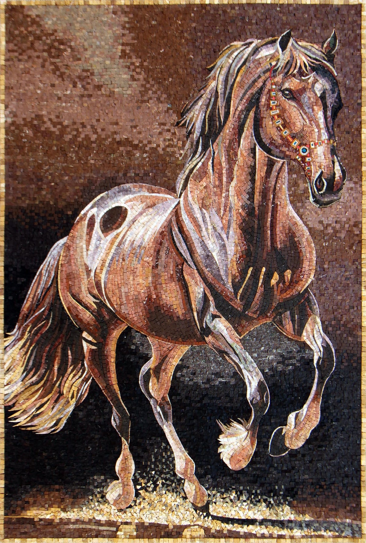 Handmade Horse Mosaic Tile Art: Marble Stone Wall Decor (52” x 36”)