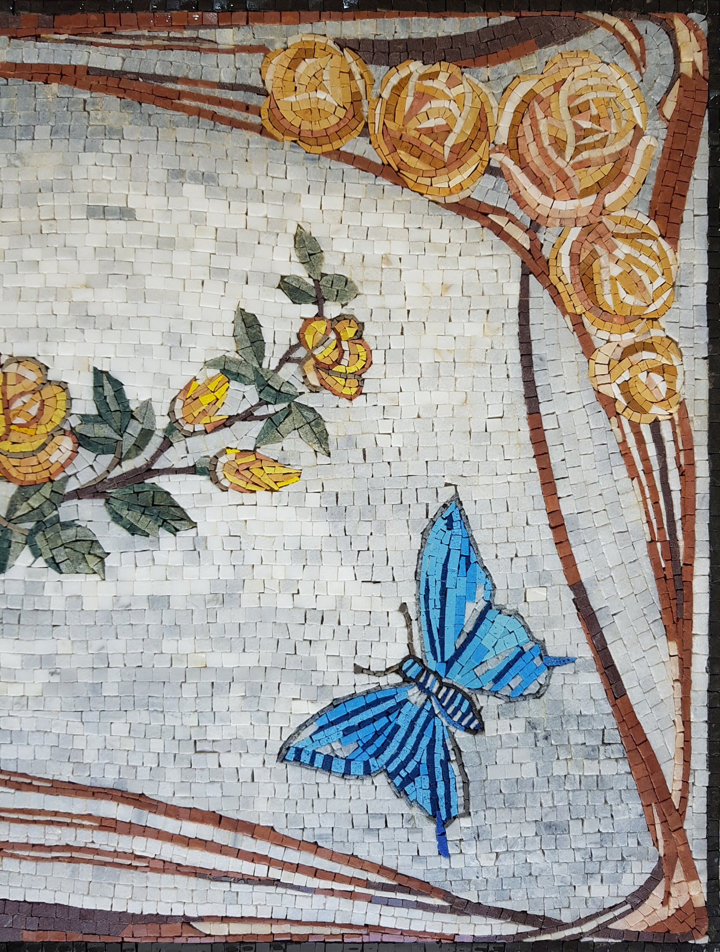 Handmade Marble Mosaic Wall Art: Yellow Roses and Butterfly