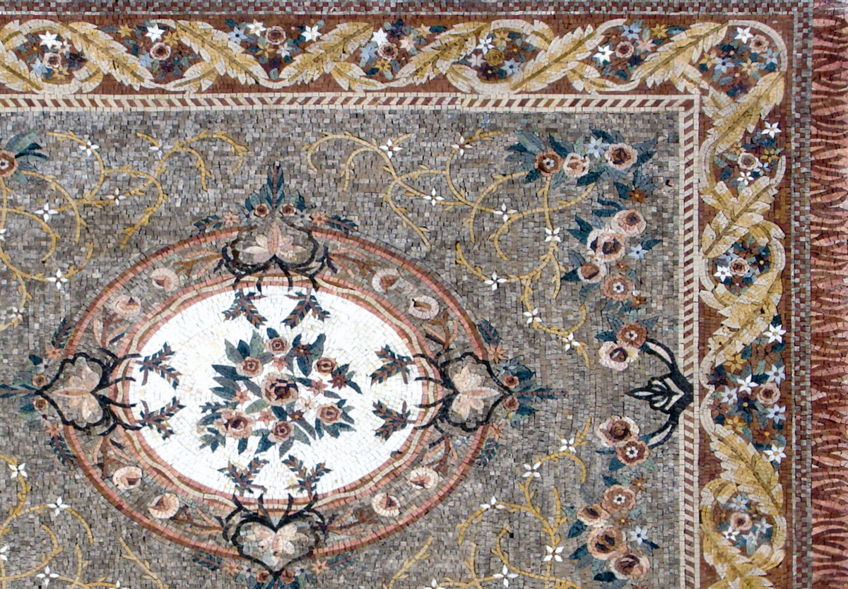 Handmade Marble Mosaic Rug: Floral Stone Medallion (80” x 56")