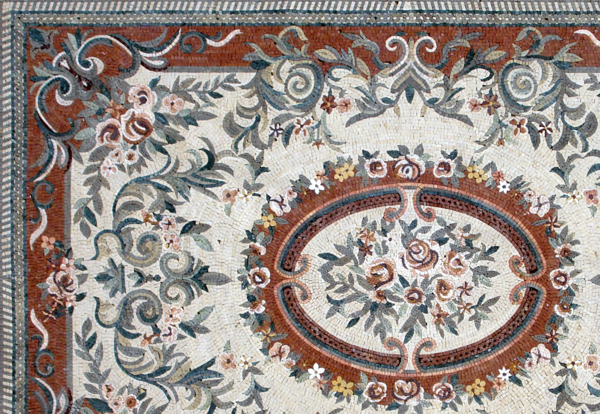Handmade Floral Marble Mosaic Rug: Dining Room Floor Carpet (92” x 60”)