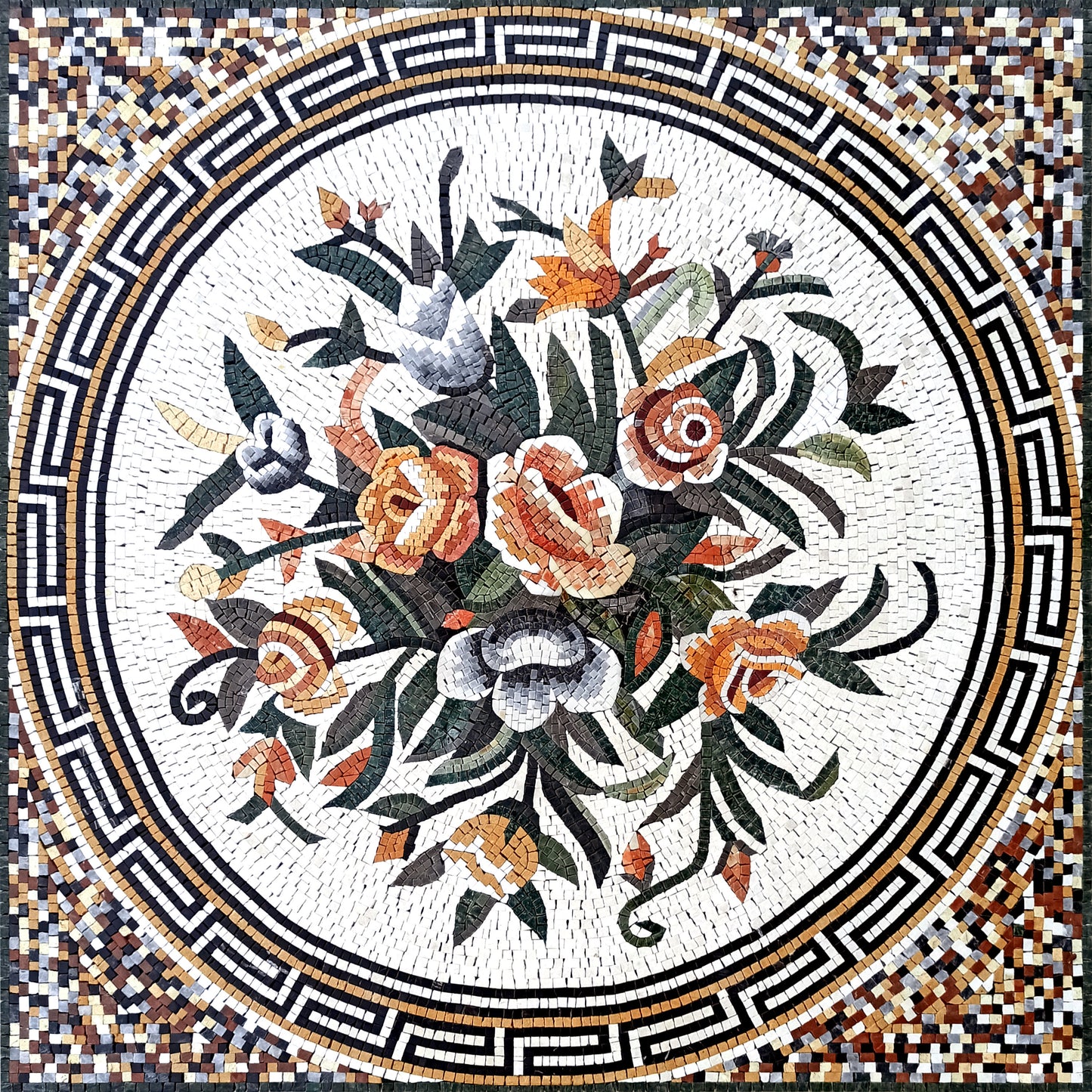 Handmade Marble Mosaic Tile: Colorful Roses, Greek Key Border (40x40)