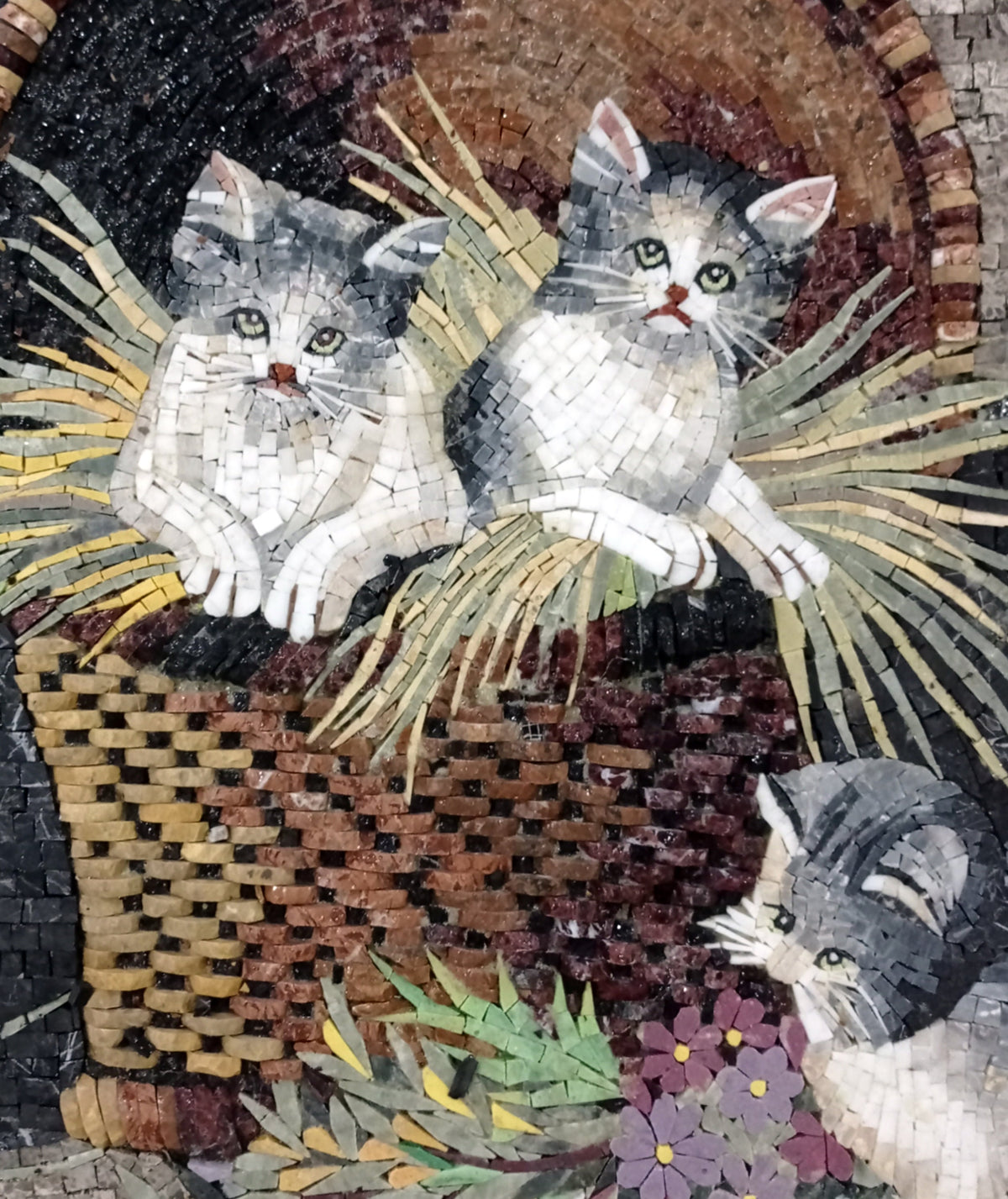 KITTEN MOSAIC BACKSPLASH | Pet Animal Mosaic Tiles For Kids Room Walls | Three Kittens Artwork Tiles For Cat Lovers Room Walls Decor