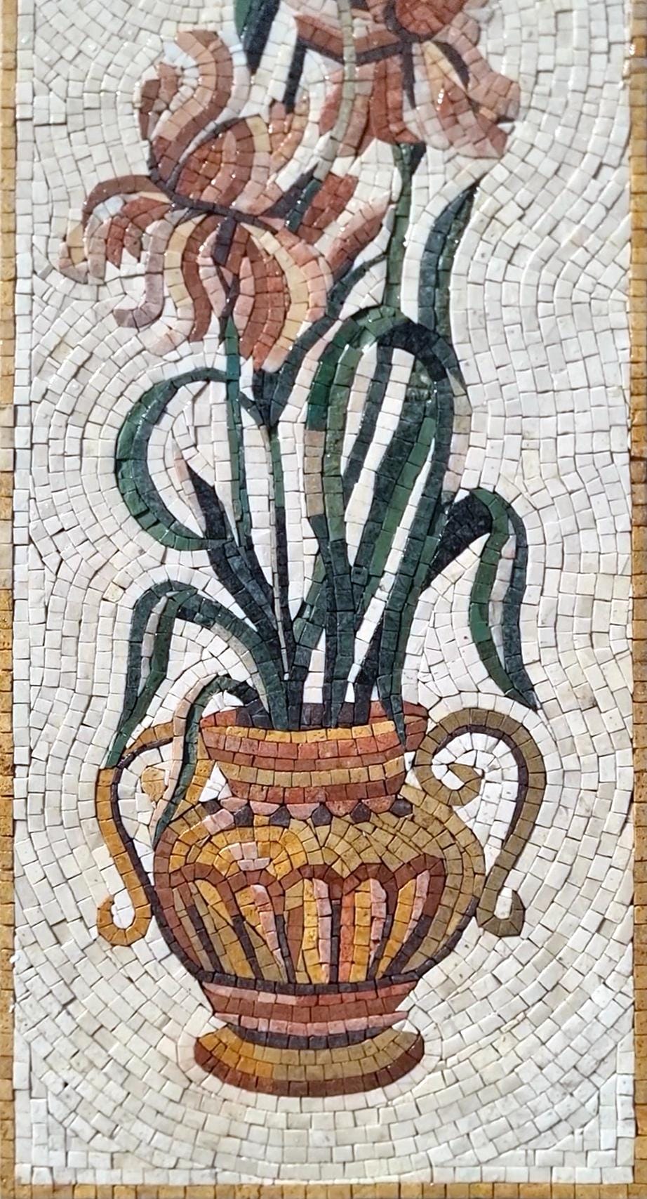 Handmade Marble Tile Art: Floral Mosaic Vase Wall Inlay (52"x16")