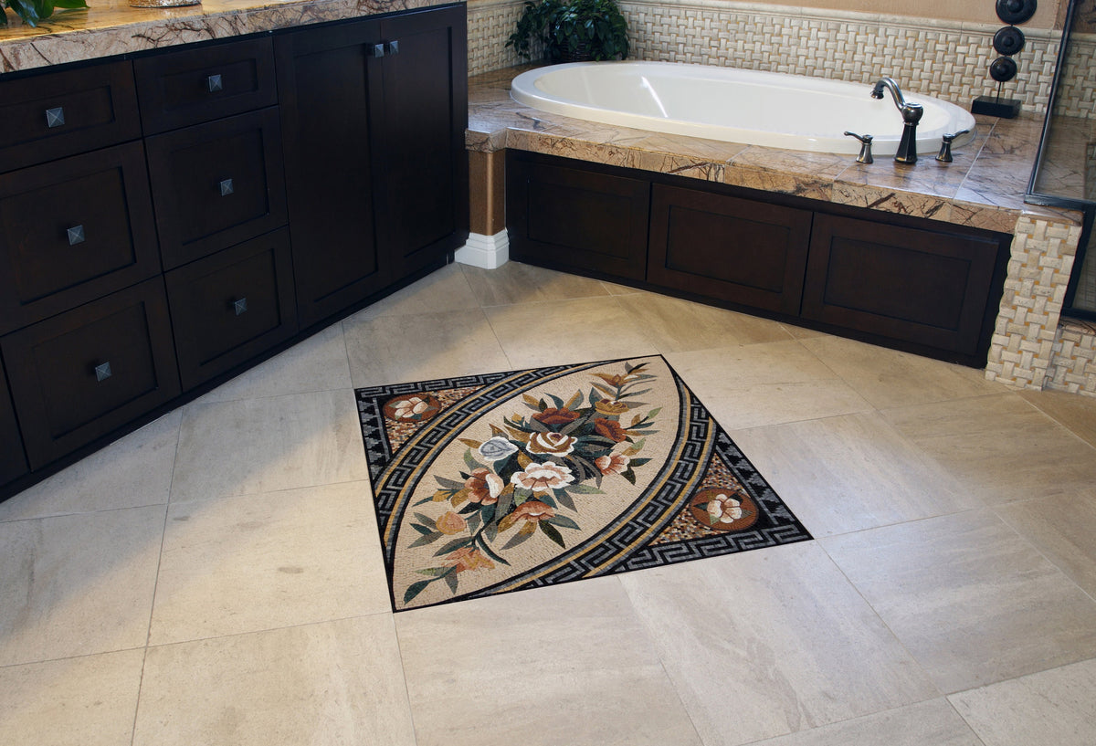 Handmade Marble Mosaic: Floral Bouquet Art, 40" Kitchen Wall Decor