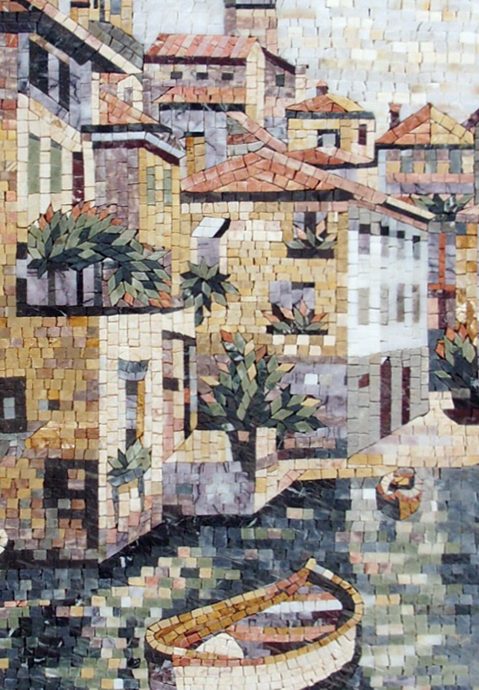 Coastal City Mosaic Tile Art: Handmade Marble Artwork (40” x 28”)