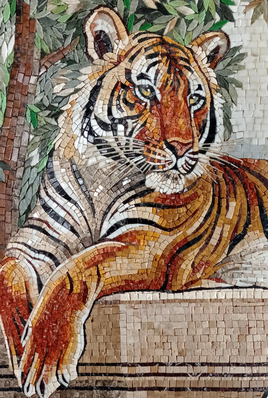 Handmade Tiger Mosaic Tile Art: Jungle Animal Backsplash (36x24 inches)