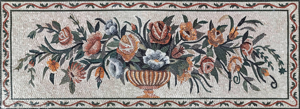 Handmade Rose Marble Mosaic Art: Flower Vase Wall Decor (72” x 24")