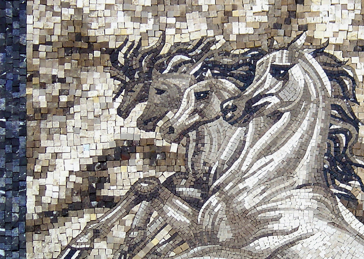 Handmade Running Horses Mosaic Mural: Stone Animal Wall Art (56” x 40")