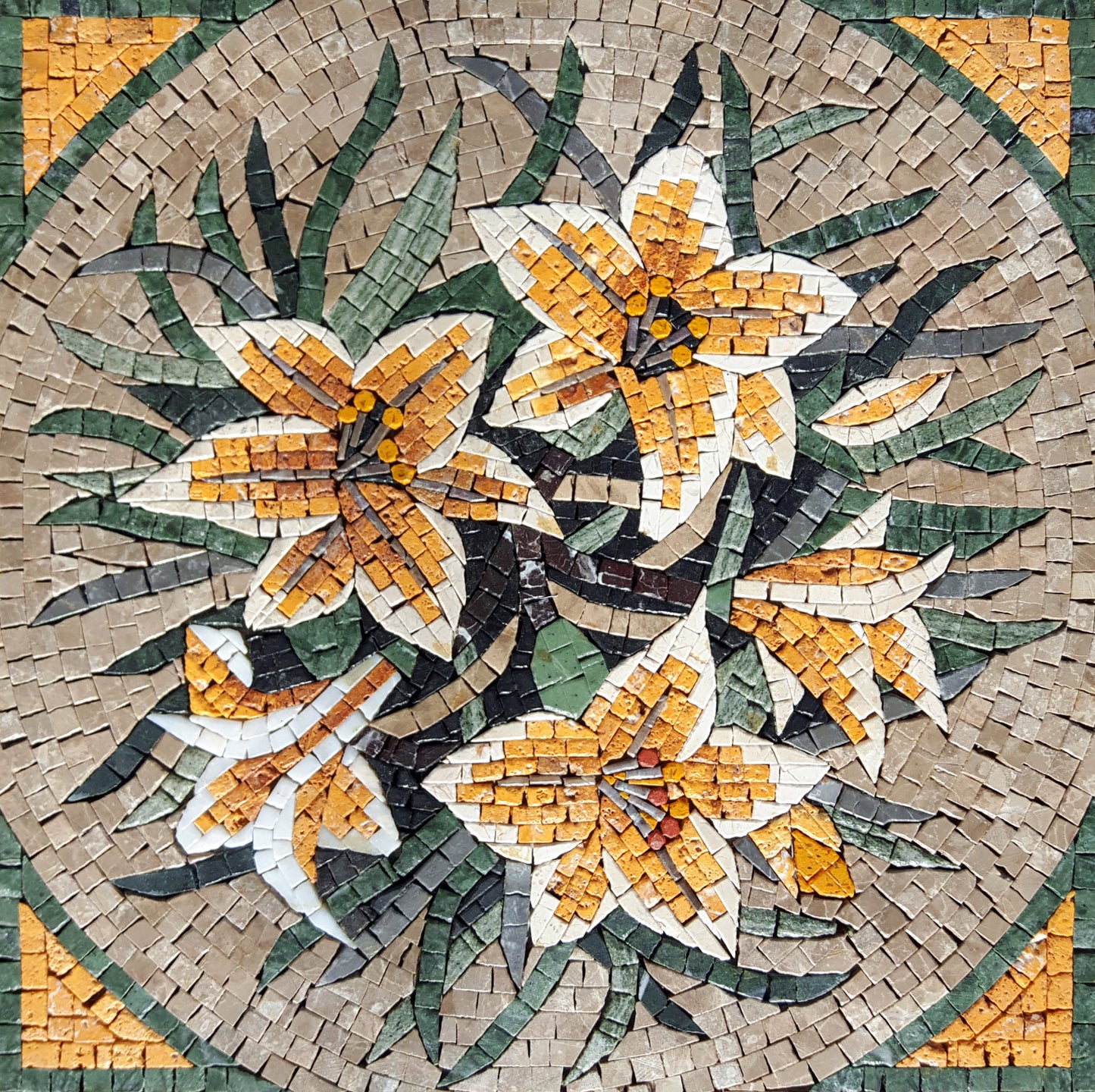 Handmade Marble Mosaic Flower Art: Yellow & White Lilies (20x20)