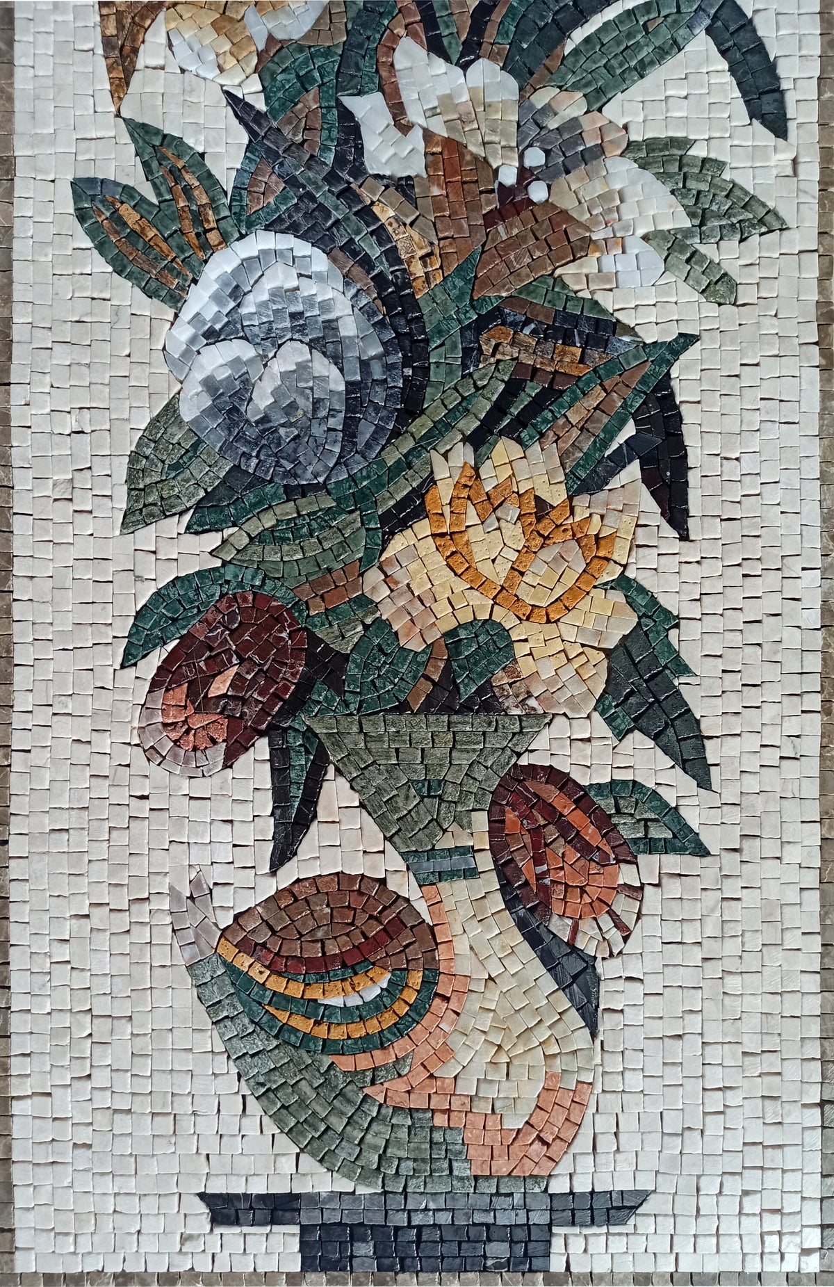 Handmade Marble Mosaic: Rose Flower Vase Wall Art