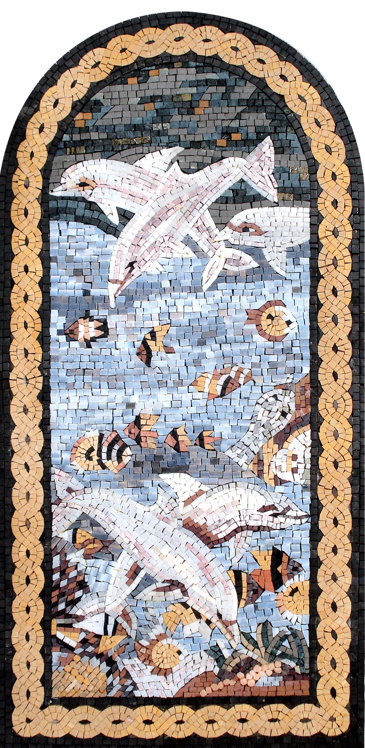 Handmade Dolphin Mosaic Tile Art: Golden Border Fish Backsplash