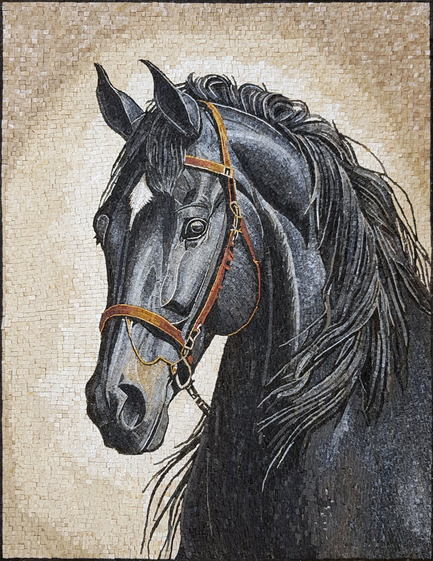 Black Horse Mosaic Tile Art: Marble Animal Portrait Backsplash