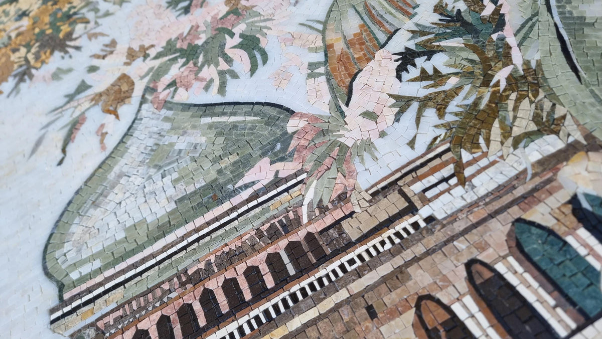 68x48 Mosque with Palm Trees Mosaic Wall Art – Islamic Architecture Scene, Customization available