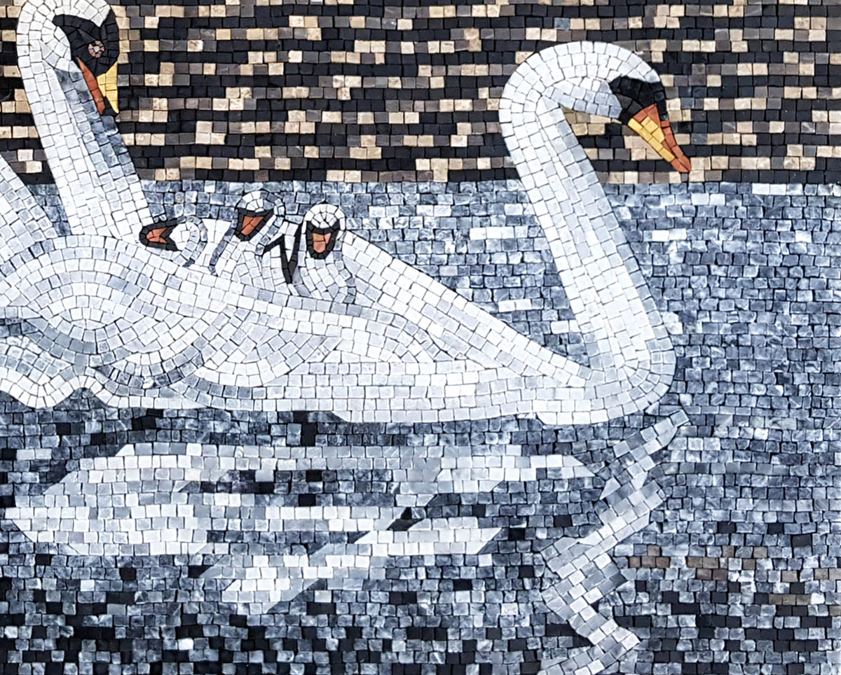 Handmade Swans Mosaic Tile Art: Marble Stone Wall Decor (36” x 28”)