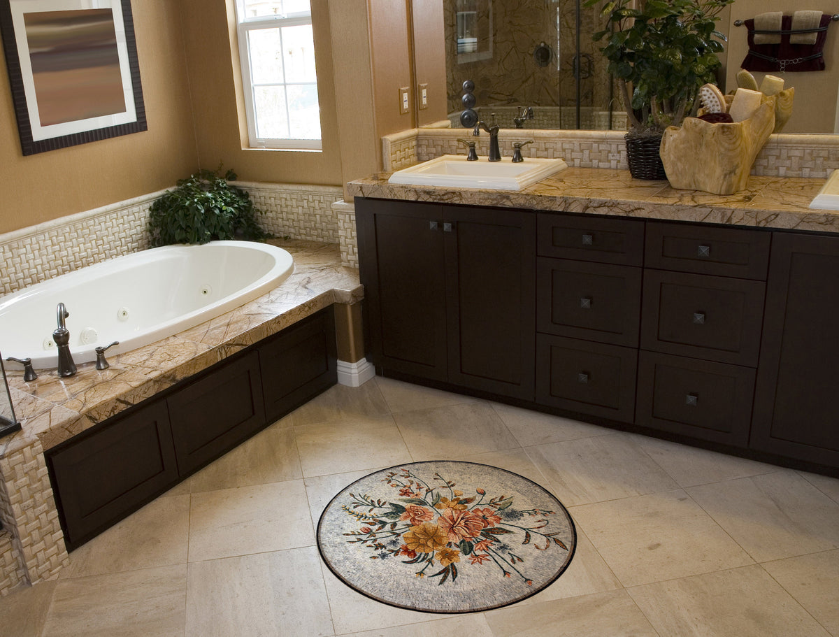 Peach and Goldenrod Blooms: Grey Background Mosaic Medallion with Floral Accents - Customization available