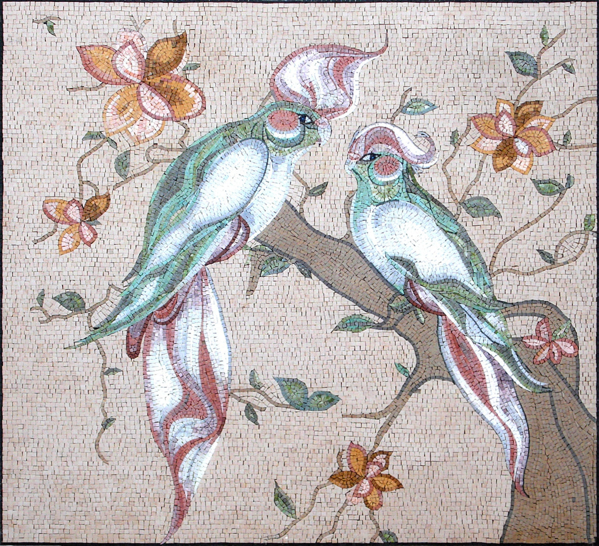 Handmade Cockatoo Mosaic Tile Art: Australian Parrot on Branch